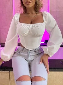 SHEIN Clasi 燈籠袖後背打褶露肩短上衣 - 白色 - 查看 3