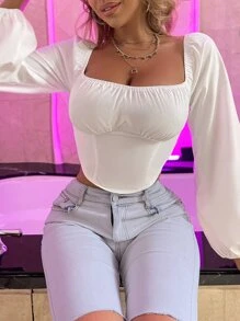 SHEIN Clasi 燈籠袖後背打褶露肩短上衣 - 白色 - 查看 4