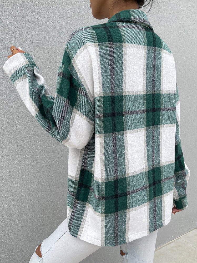 Flirla Drop Shoulder Plaid Print Flap Pocket Shirt,Long Sleeve Tops Fall Cloth For Women - Multicolor - View 2