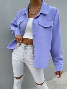 SHEIN Unity Flap Detail Solid Cord Shirt - Lilac Purple - View 1