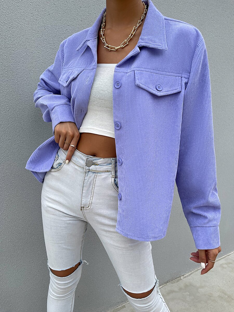 SHEIN Unity Flap Detail Solid Cord Shirt - Lilac Purple - View 1