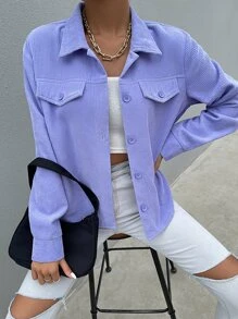 SHEIN Unity Flap Detail Solid Cord Shirt - Lilac Purple - View 3