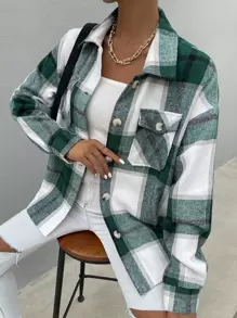 Flirla Drop Shoulder Plaid Print Flap Pocket Shirt,Long Sleeve Tops Fall Cloth For Women - Multicolor - View 5