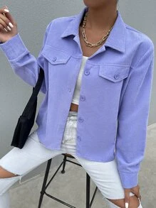SHEIN Unity Flap Detail Solid Cord Shirt - Lilac Purple - View 5