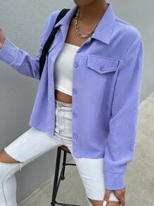 SHEIN Unity Flap Detail Solid Cord Shirt - Lilac Purple - View 6