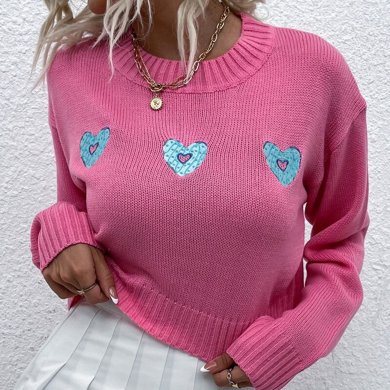 

Heart Pattern Drop Shoulder Crop Sweater, Pink