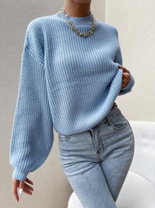 Flirla Mock Neck Drop Shoulder Jumper - Baby Blue - View 4