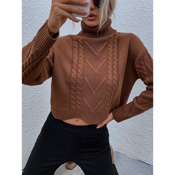 

High Neck Drop Shoulder Cable Knit Sweater, Coffee brown