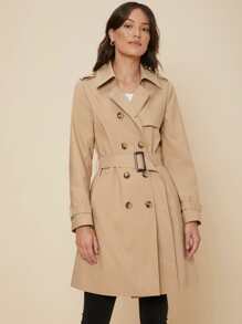 SHEIN Regular Fit Belted Trench Coat - Khaki - View 1