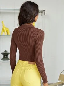 SHEIN O-ring Zip Rib Knit Cardigan - Coffee Brown - View 2