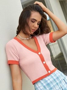 SHEIN Contrast Trim Button Placket Cardigan - Baby Pink - View 3