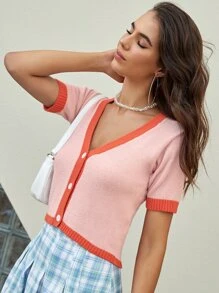 SHEIN Contrast Trim Button Placket Cardigan - Baby Pink - View 5