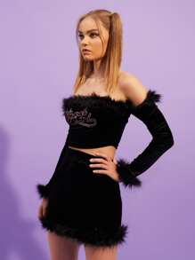 SHEIN 水鑽字母圖案毛茸茸邊一字肩短款上衣和包臀半身裙 - 黑色 - 查看 4