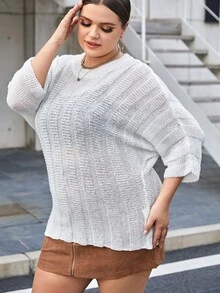 SHEIN Jersey de manga murciélago tejido de canalé semi transparente - Blanco - Ver 4