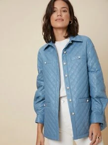 SHEIN Unity Relaxed Fit Quilted Coat - Blue - View 4