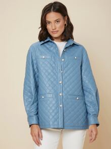 SHEIN Unity Relaxed Fit Quilted Coat - Blue - View 7