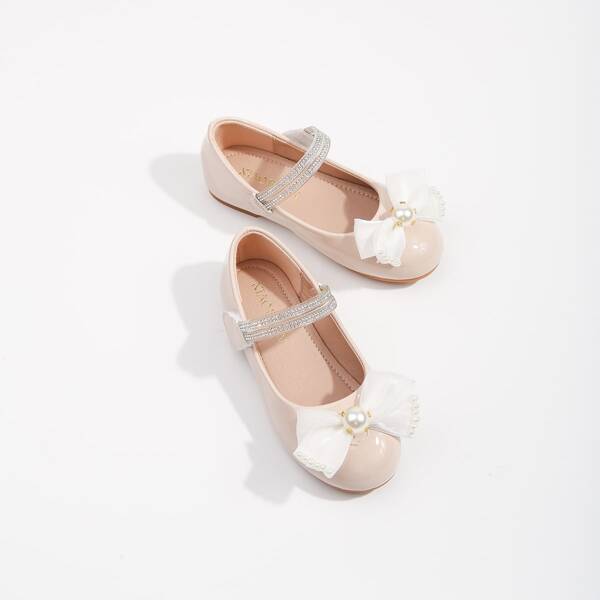 

Girls Rhinestone & Bow Decor Mary Janes, Apricot