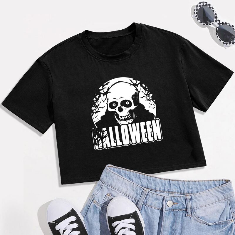 

Halloween Print Crop Tee, Black