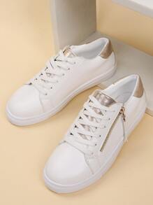 Metallic Zip Front Lace-up Front Sneakers - White - View 4