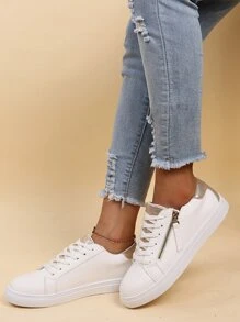 Metallic Zip Front Lace-up Front Sneakers - White - View 6