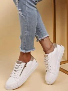 Metallic Zip Front Lace-up Front Sneakers - White - View 7