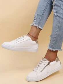 Metallic Zip Front Lace-up Front Sneakers - White - View 8
