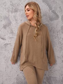 SHEIN Essnce Conjunto top con capucha de canalé con leggings - Caqui - Ver 3