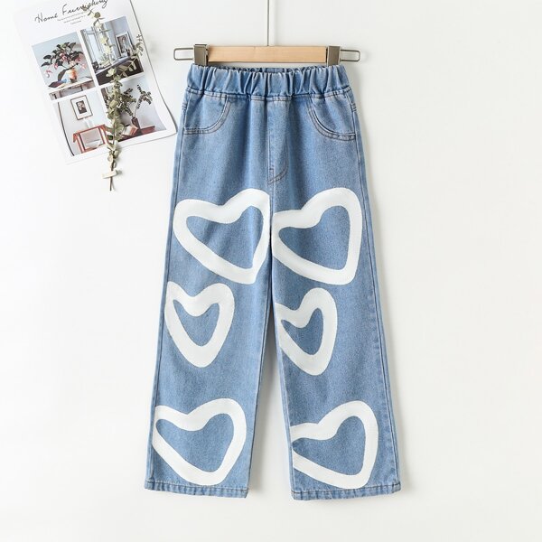 

Girls Heart Print Wide Leg Jeans, Light wash