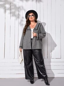 SHEIN LUNE 大碼千鳥格圖案水手領粗花呢花呢外套 - 黑與白 - 查看 3