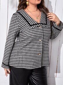 SHEIN LUNE 大碼千鳥格圖案水手領粗花呢花呢外套 - 黑與白 - 查看 5