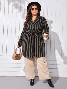 SHEIN LUNE Plus Lapel Neck Striped Print Belted Coat - Multicolor - View 1