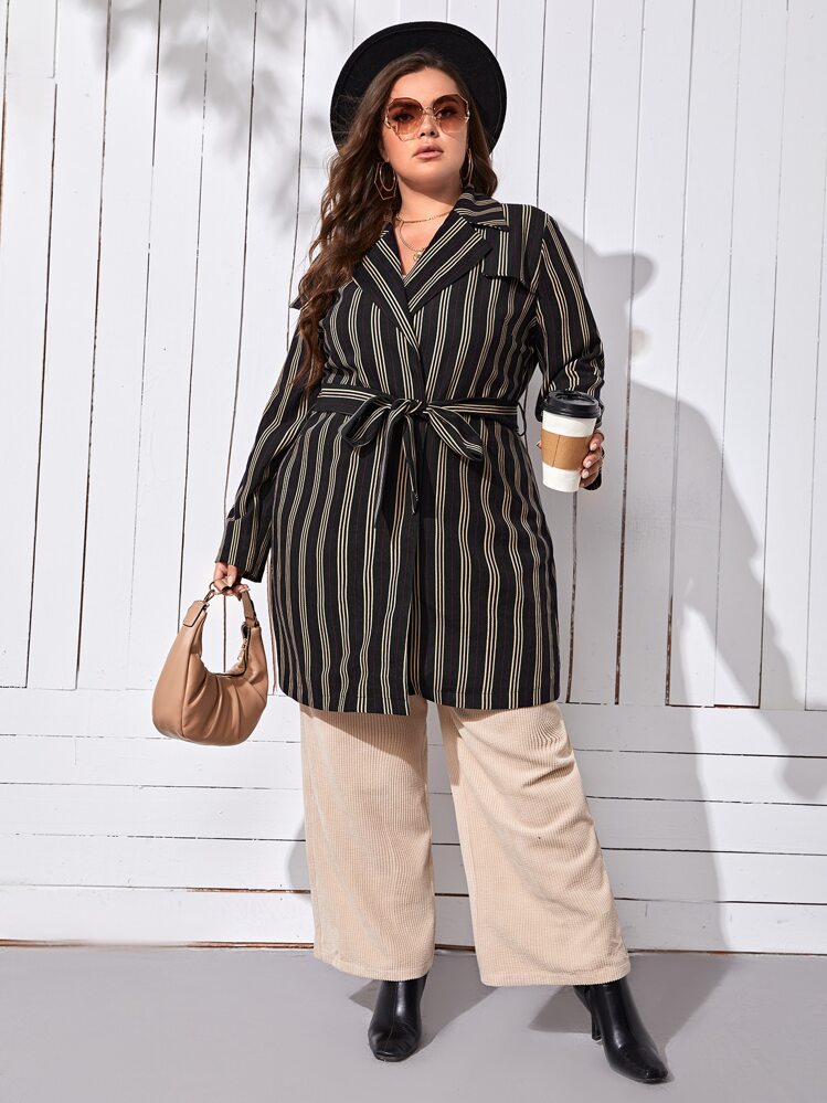 SHEIN LUNE 大碼西裝領條紋印花腰帶外套 - 彩色 - 查看 1