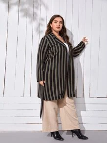 SHEIN LUNE Plus Lapel Neck Striped Print Belted Coat - Multicolor - View 5