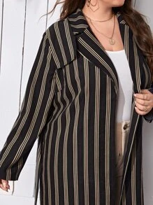 SHEIN LUNE Plus Lapel Neck Striped Print Belted Coat - Multicolor - View 6