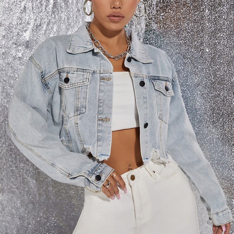 

Single Breasted Ripped Raw Hem Denim Jacket, Light wash
