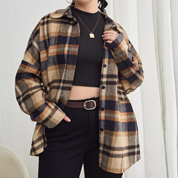 

Plus Plaid Drop Shoulder Single Breasted Overcoat, Multicolor