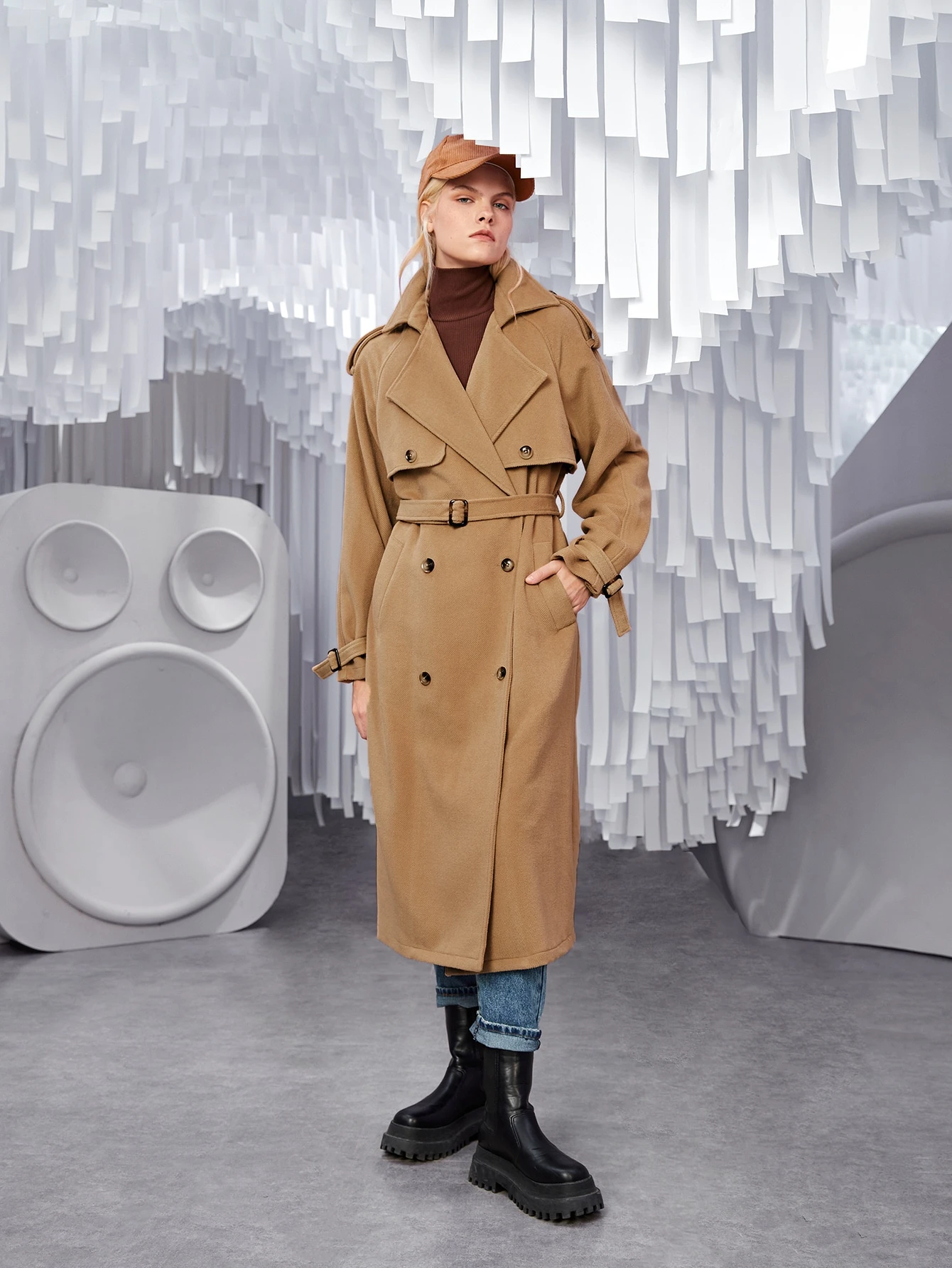 Shein トレンチコート 腰ポケット ダブルブレスト ベルト