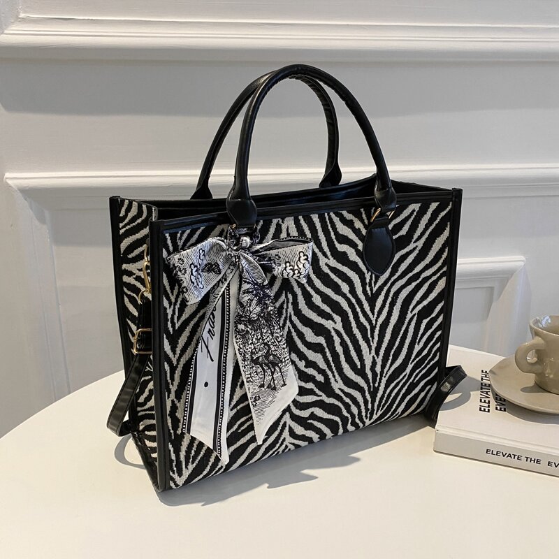 

Zebra Striped Tote Bag, Black and white
