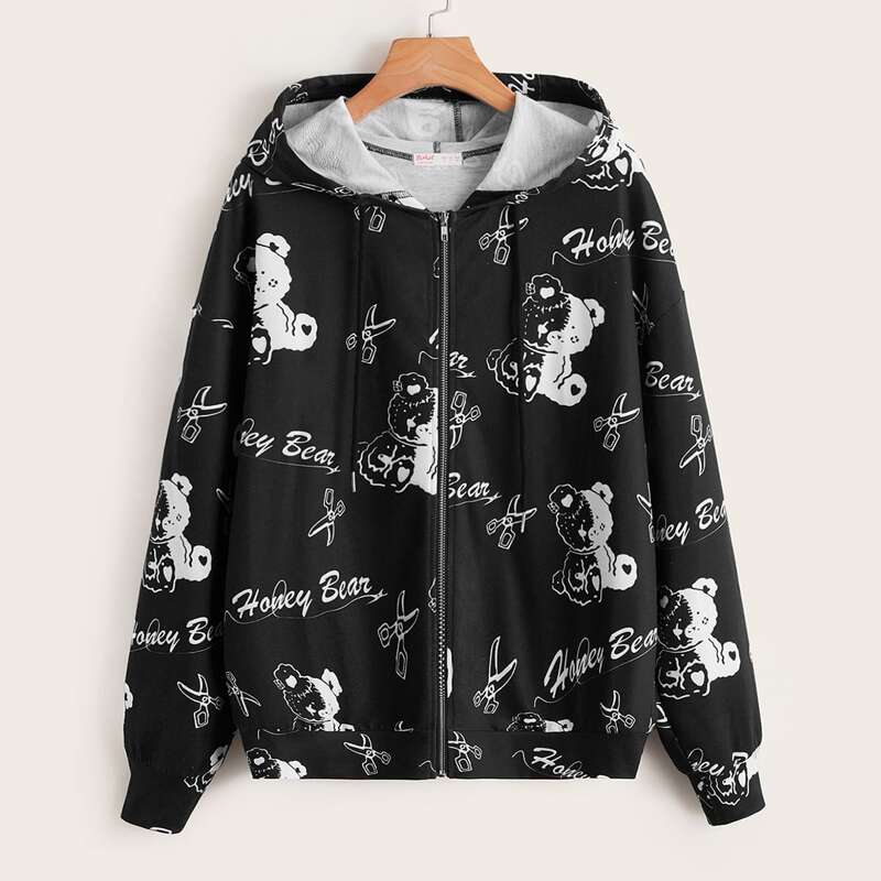 

Letter Cartoon Bear Graphic Zip Up Drawstring Hoodie, Black