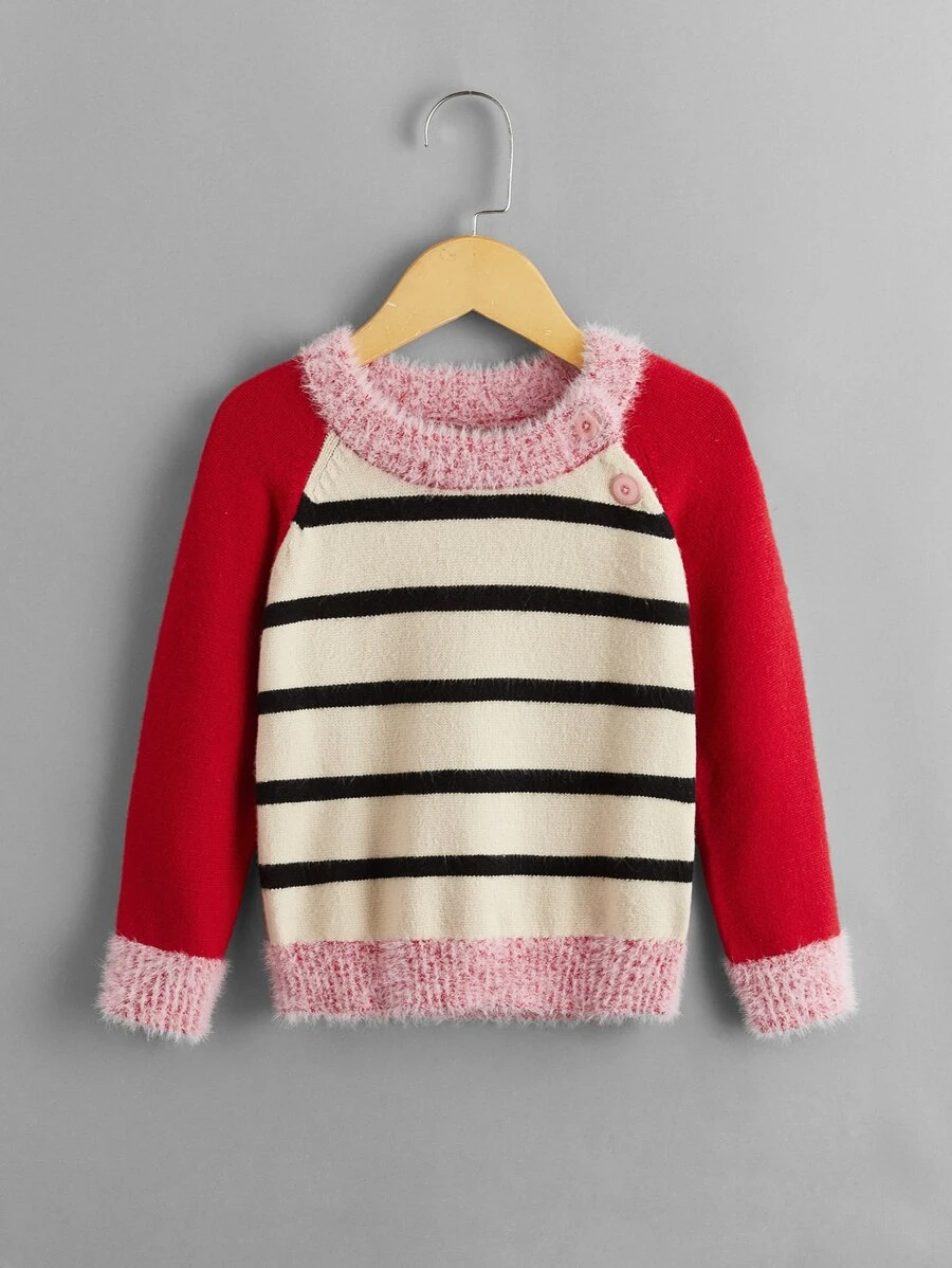 Toddler Girls Fuzzy Trim Colour Block Raglan Sleeve Jumper - Multicolor - View 1