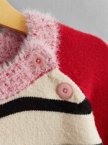 Toddler Girls Fuzzy Trim Colour Block Raglan Sleeve Jumper - Multicolor - View 3