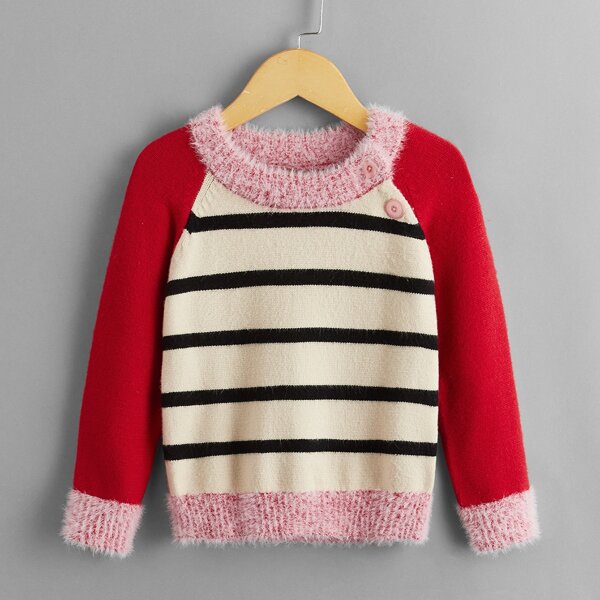 

Toddler Girls Fuzzy Trim Color Block Raglan Sleeve Sweater, Multicolor
