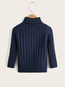 SHEIN Toddler Boys Turtleneck Ribbed Knit Jumper - Navy Blue - View 2