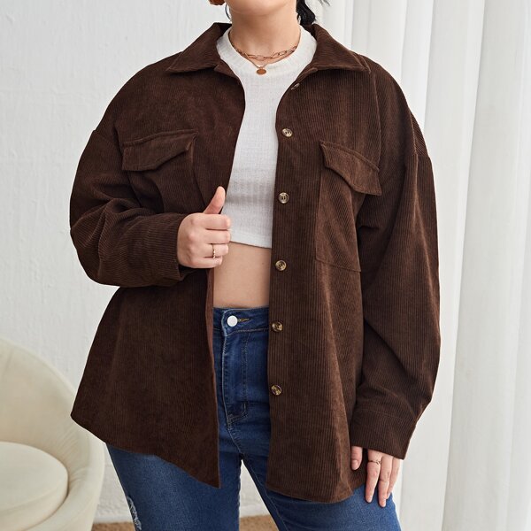

Plus Solid Button Up Corduroy Coat, Chocolate brown