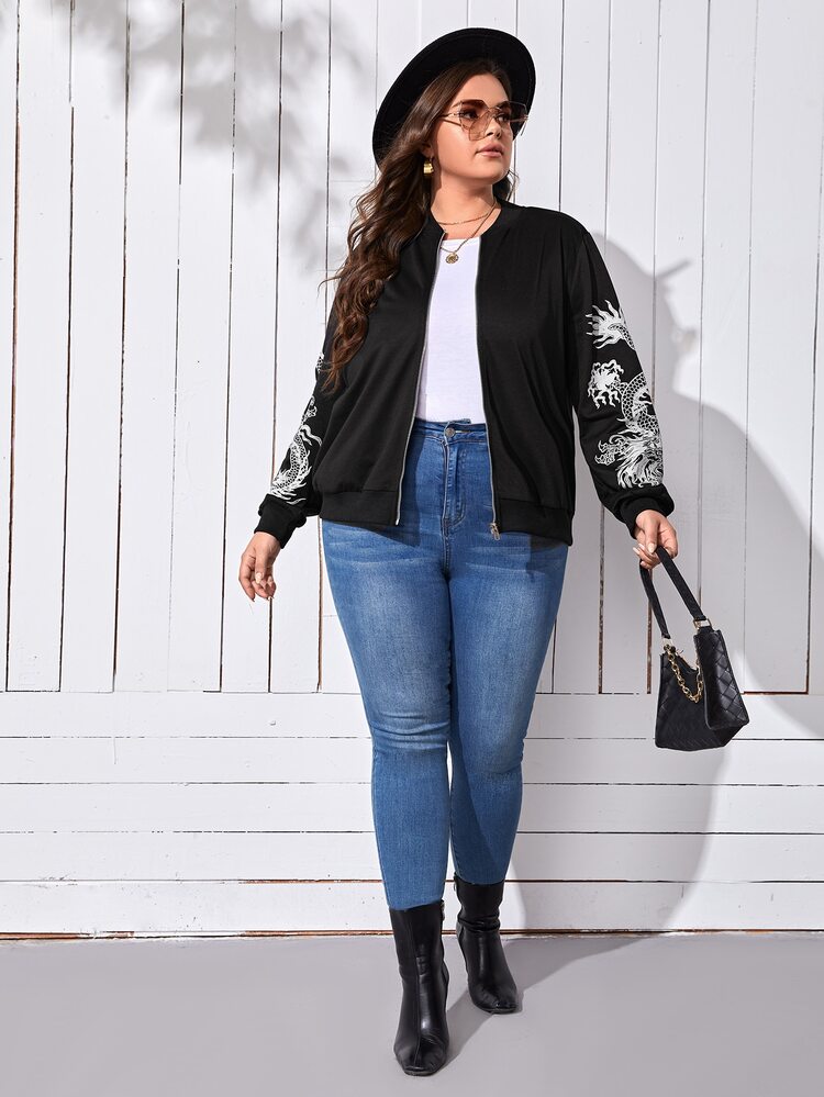 Zíper Animal ocasional Jaqueta Plus Size - Preto - Visão 4