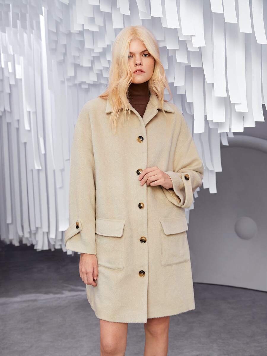 SHEIN Unity Flap Pocket Drop Shoulder Button Front Overcoat - Apricot - View 1