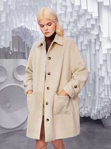 SHEIN Unity Flap Pocket Drop Shoulder Button Front Overcoat - Apricot - View 2