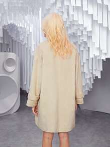 SHEIN Unity Flap Pocket Drop Shoulder Button Front Overcoat - Apricot - View 3