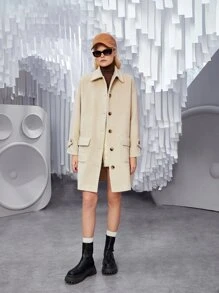 SHEIN Unity Flap Pocket Drop Shoulder Button Front Overcoat - Apricot - View 4