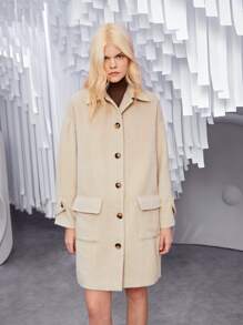 SHEIN Unity Flap Pocket Drop Shoulder Button Front Overcoat - Apricot - View 5